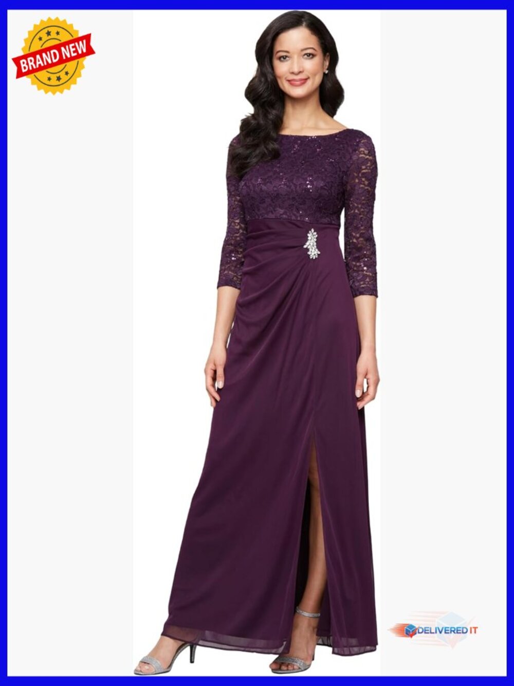 Long Mother of the Bride Dress with Lace Bodice & Hip Embellishment